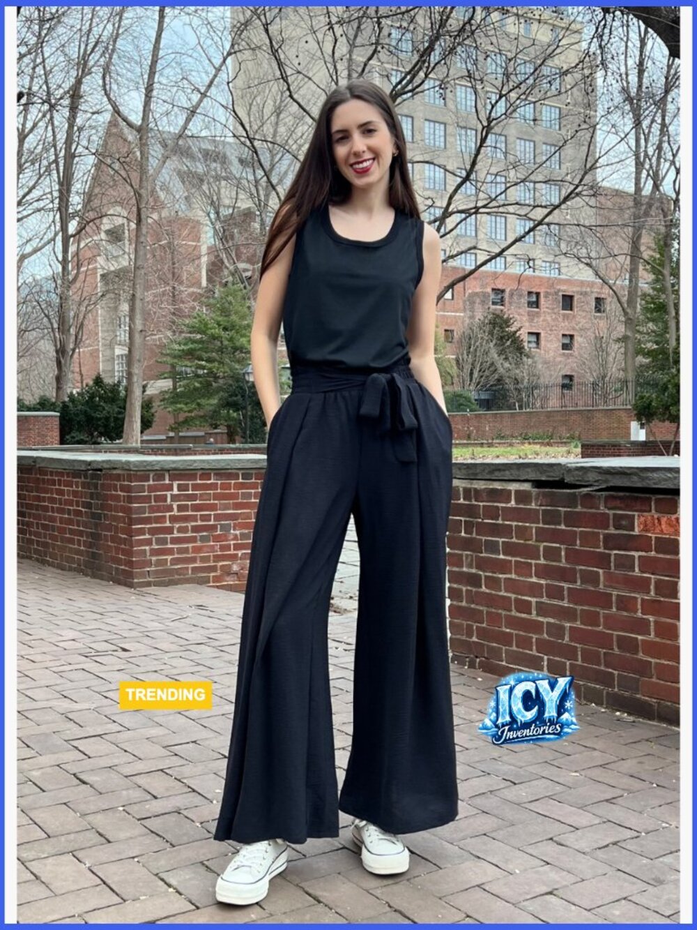 High Waisted Wide Leg Palazzo Pants with Pockets Tie Knot - Picture 7 of 7
